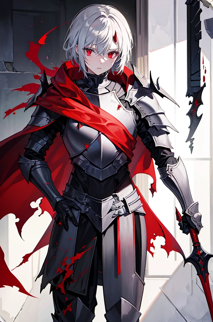 a knight in dark damaged armor with a torn red cape with a horned helmet