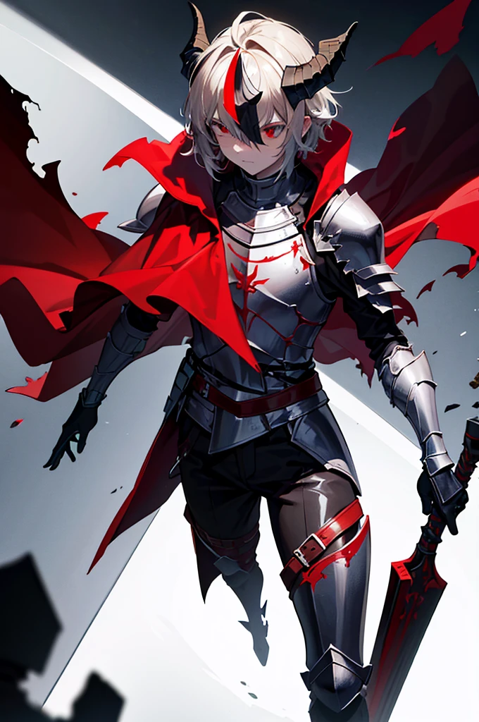a knight in dark damaged armor with a torn red cape with a horned helmet