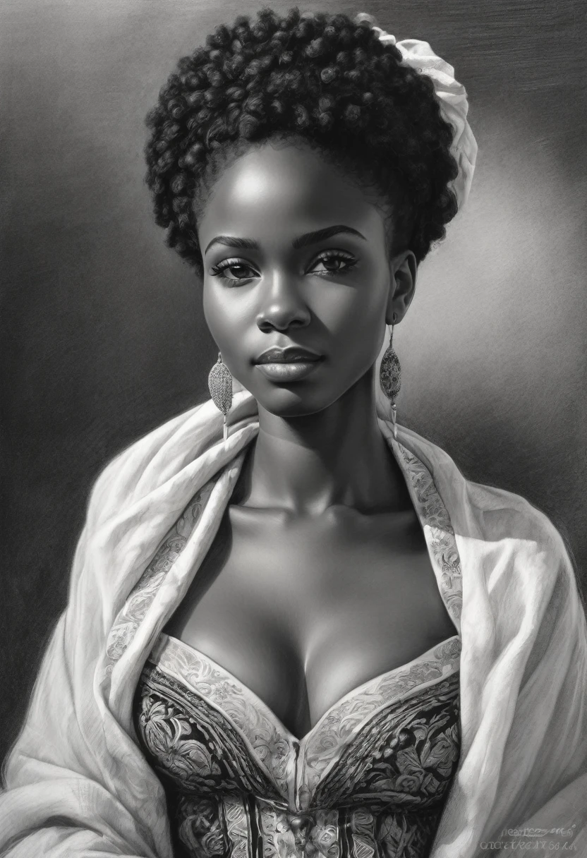 sketching,character sketch,Black and white painting,Sharpen, intaglio, closeup cleavage, Best quality, Ultra-detailed, Photorealistic 1.4, Super detailed skin, Natural hair color, (1 African woman), 22 years old,(Solo),traditional garb