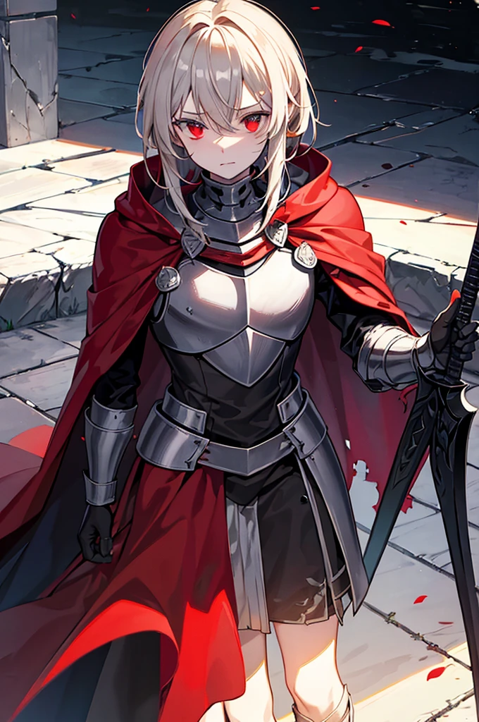 a knight in dark damaged armor with a torn red cape with a horned helmet