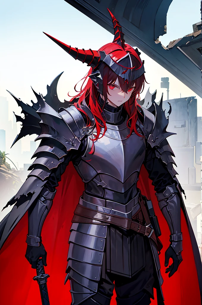 a knight in dark damaged armor with a torn red cape with a horned helmet
