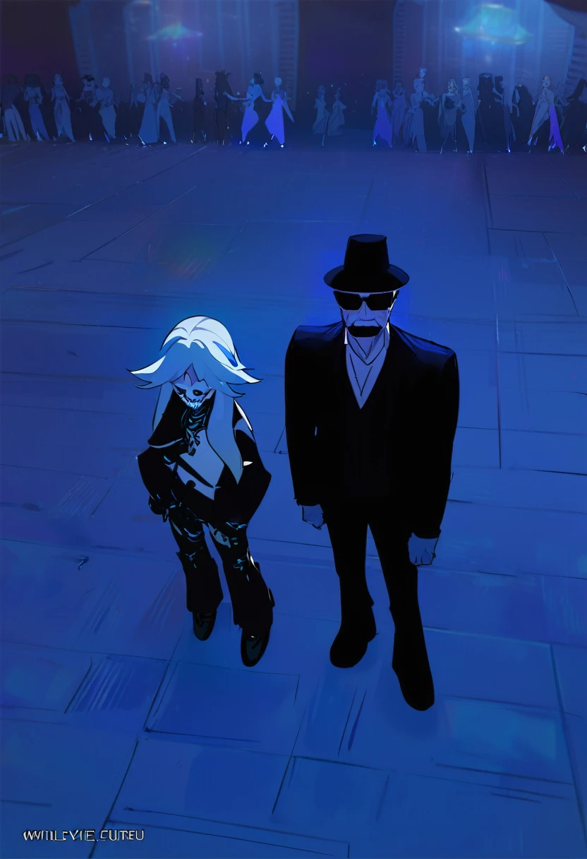 there are two people standing on the tile floor in a room, relaxing in the club together, vrchat, medium shot of two characters, Monet and Da Vinchi art style, will be skeleton and girlfriend, roblox screenshot, Gothic people dancing, Nixeu e Greg Rutkowski, grim and gloomy lighting, very grainy, Walter White no Roblox, gothic mall