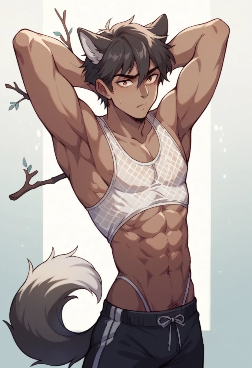 A drawing of a man wearing a sexy, lacy swimsuit, very sexy, toned and slim body, arms up and behind the head, medium hair tied in a wolf tail, wild look, stick marked under the fabric.