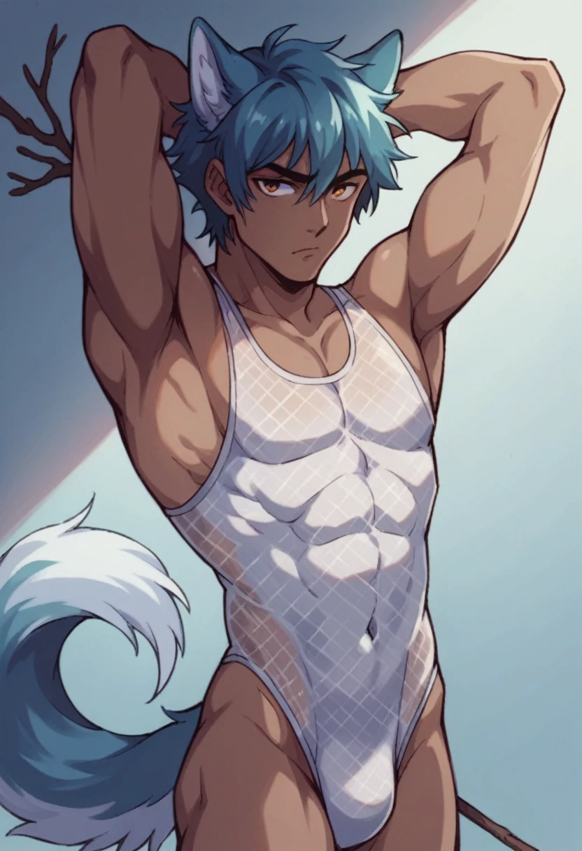 A drawing of a man wearing a sexy, lacy swimsuit, very sexy, toned and slim body, arms up and behind the head, medium hair tied in a wolf tail, wild look, stick marked under the fabric.