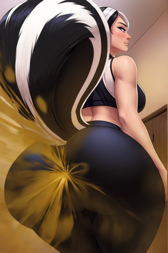 depth of field, perfect lighting, light particles, female, human, solo, indoors, (butt facing viewer), ((human face, skunk tail, skunk ears, black yoga pants)), (((farting))), night time, macro,
