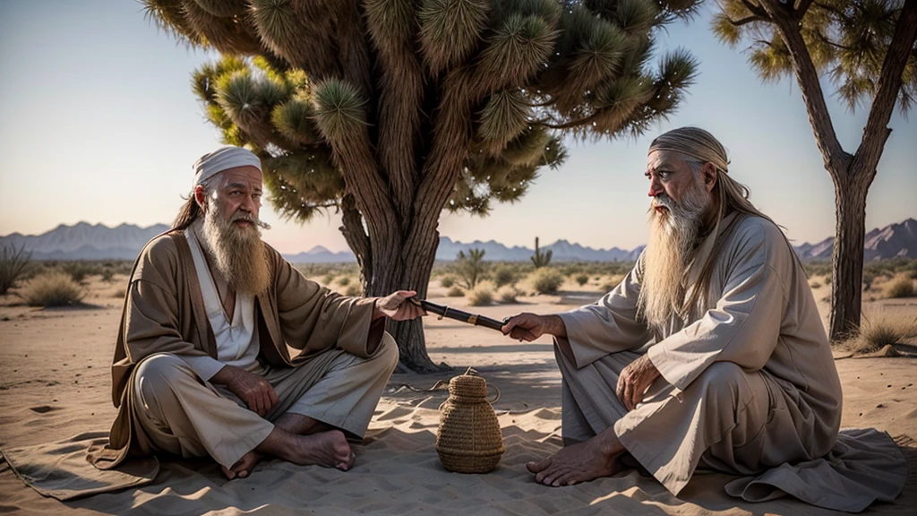 a young traveler with simple clothes and a staff, in a desert environment, encounters a wise old man with a long beard and traditional robes, sitting under a shady tree. The setting should reflect an atmosphere of wisdom and serenity, with a gentle sunset in the background. they must be face to face.