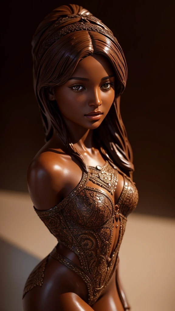 a beautifully crafted chocolate statue of Elina Karimova, highly detailed chocolate features, realistic chocolate texture, intricate chocolate sculpture, photorealistic, hyperrealistic, warm lighting, rich cocoa color palette, glossy finish, masterpiece