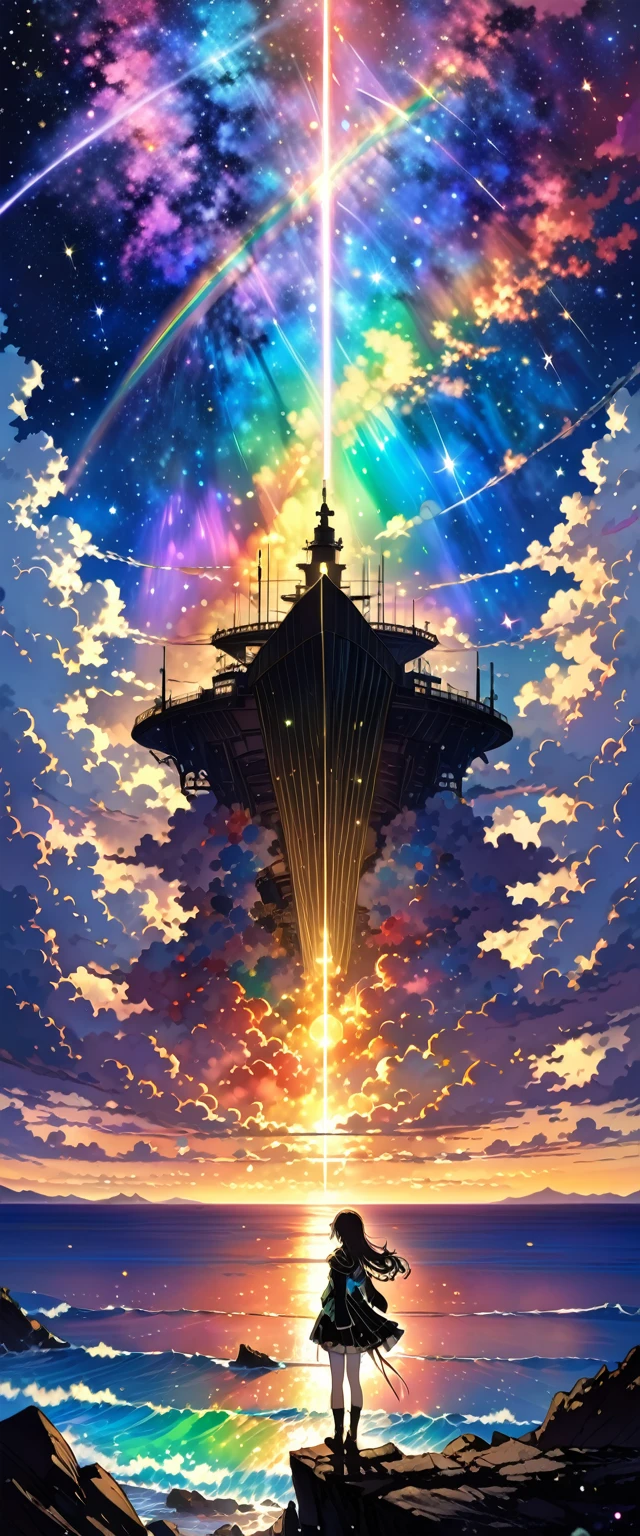 Harry Clark (Harry Clarke) style,模仿李在孝的style,Twice the light, (1 girl), spring、Breakwater at dusk、In the distance, Expressing a high fantasy world, Guardian Nebula of Rainbow Light and Silver Steam, The sky is filled with the colors of the Corrosion Enveloping Ray family, (Magnificent composition, Epic Proportions), masterpiece