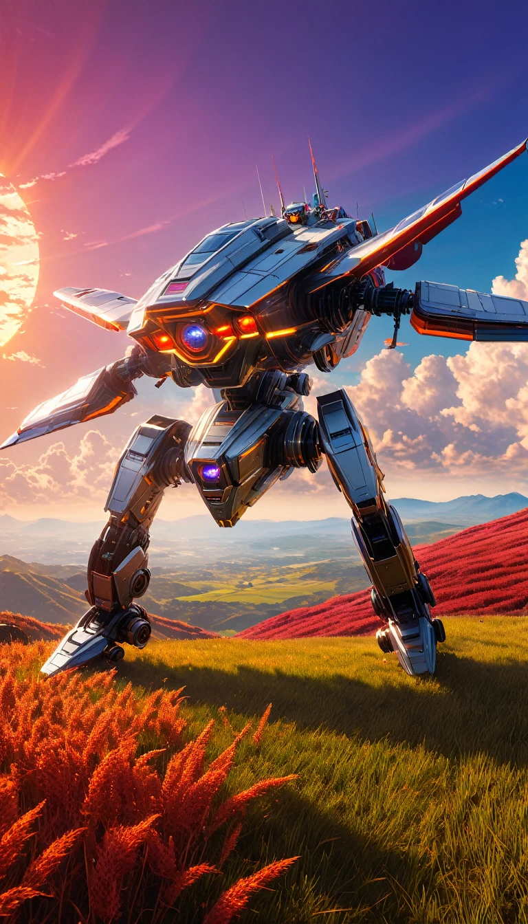 Masterpiece, high quality, 8K Ultra HD. The image shows a flying robotship and a female with a sunlight shining from the sky into it and the grassy hill, with a background of vibrant purple sky and the red and orange tones of the sun,((red grass)), 4k anime art wallpaper, Shen Che-Tsai digital art, pexels, fantastic realism, among sunlit heavenly clouds, heavenly clouds, amazing sky, 4K anime art wallpaper, anime background, wallpaper 8K anime art wallpaper, anime art wallpaper, anime landscape wallpaper, amazing wallpaper, high quality wallpaper definition, 4k anime wallpaper, 4k anime wallpaper, Aries Moross art, Bob Byerley art, AshleyWoodArtAI, greg rutkowski