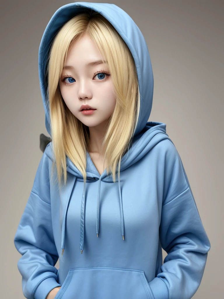 Korean blonde girl in blue hoodie