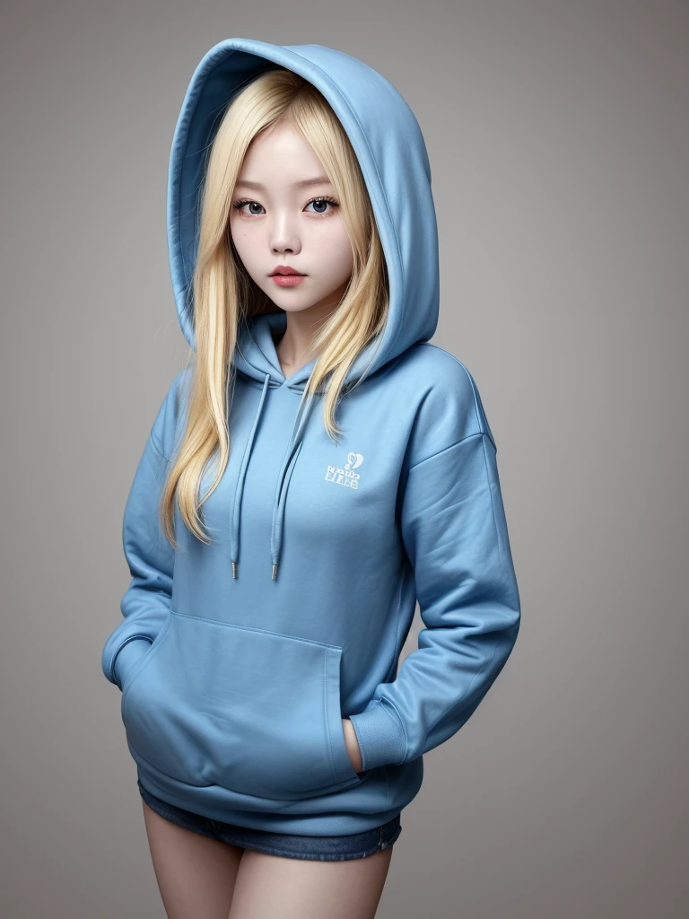 Korean blonde girl in blue hoodie