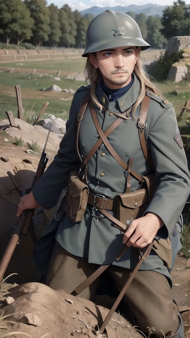 (masterpiece), best quality, expressive eyes, perfect face, All quiet on western Front, man, trenches, dirty, uniform, realistic, HD, Rifle, Orlando Bloom, big bag, French army, regiment, France, aiming position, pov, Far view, shot, shooting, fighting