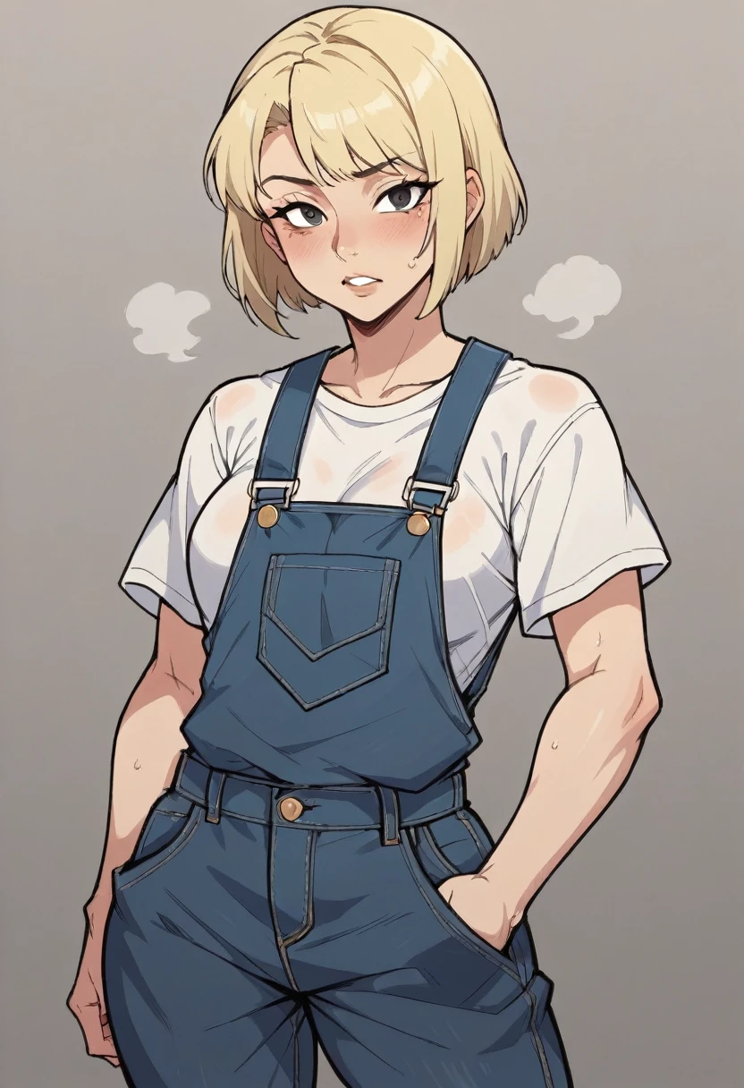 raw photo, (1 American girl), 25 years old, bob hairstyle, blonde hair, slim body, fitness figure,, in overalls, (black overalls), in an old workshop, dim light, topless with t-shirt big slim shape walk behind farm