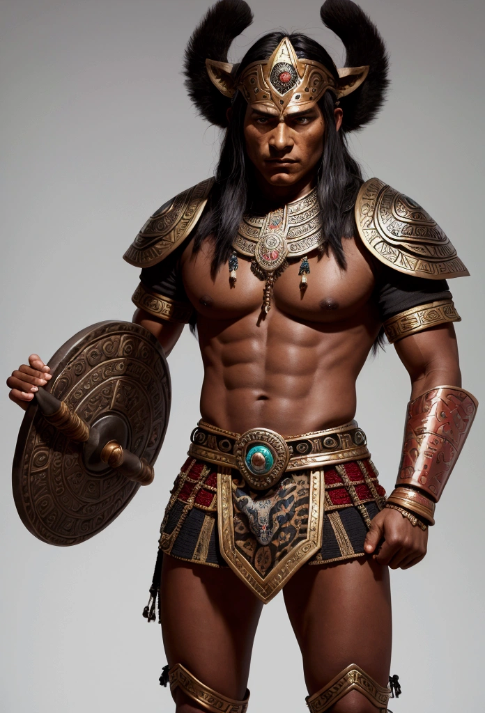 ancient Aztec warrior, dressed in jaguar costume, beautiful details on the jaguar's outfit; tanned, bronze-colored skin; average height (1.75 cm); He holds in his left hand an Aztec shield engraved in jade and jasper stone; In his right hand he has a sword made of black obsidian; the warrior has ornamental motifs on his arms, wrists and legs; but details, hyperrealistic image,