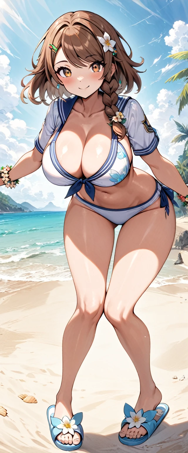 (masterpiece), best quality, expressive eyes, perfect face,1girl,beach, swept bangs, single braid, side braid, hairclip, hair ornament, brown hair, brown eyes, braid, pokemonjuliana,big breasts, sailor bikini,full body,smile,flower bracelet,slippers