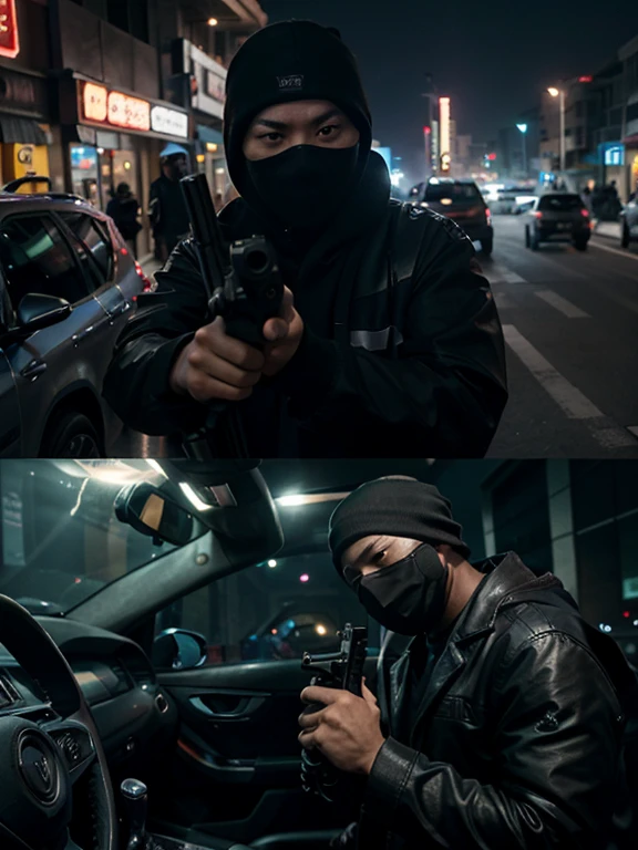 A cinematic realistic image of a chinese 12 person gang with ski masks and guns  in Dubai, they are carjacking a car at night, 4k, 8k, 16k, Volumetric Lighting, full picture, highly detailed cinematic lighting, dramatic atmosphere,