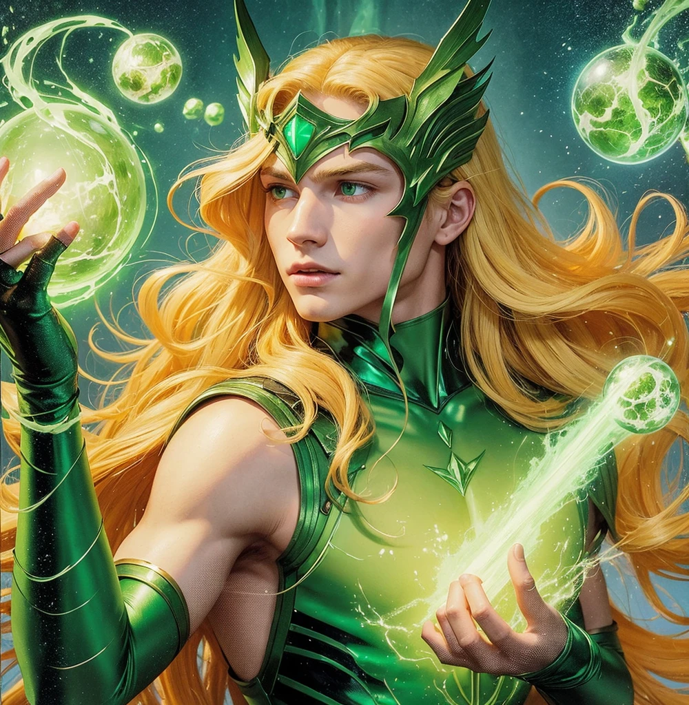 American classic comics art: Enchantress young boy, very young man ethereal delicate, long bright yellow blond hair with beautiful waves, green helmet tiara on his forehead, strong-green sleeveless enchanting wizard outfit delicate, long gloves, covered neck, emerald-green fire magic energy sphere, very young face man, green eyes, tight dark green leggings, The Enchantress Marvel outfit man, classic medieval enchanting man, comic book,