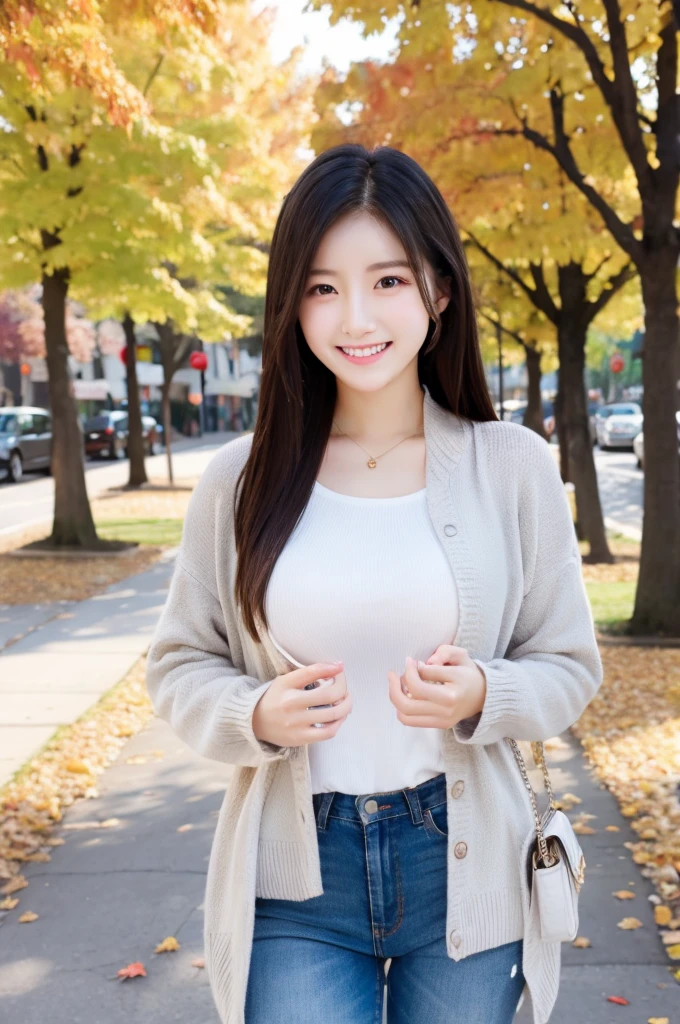 Korean beauty 20 years old、Big Breasts、Neat and cute、one piece、Autumn Clothes、One person、front、Expression in love、Street trees in autumn