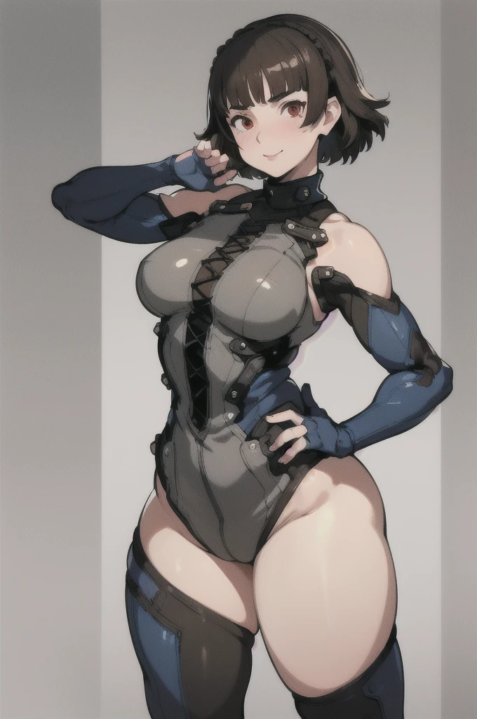 Fat face line, lottle fat body, Makoto Niijima (Persona) Niijima Makoto (Persona), dark full bodysuit, laces, shoulder spikes
masterpiece, best quality, absurdres, ((Cylindrical body type)), Non-exposing bodysuit
((mature face)), ((big ass)), makoto niijima has become a mature woman, ((chubby upper body but small breasts)), 1girl, solo, ((height 150cm)), thick thighs, Bow legs, Beautiful face but chubby face, (((Chubby makoto niijima))), ((Stand up straight)), ((Full body)), (low head 1.5), A little chubby body type and small breasts, masterpiece, ((small breasts)), (thick legs), Full body+, Solo, Swollen face, 1 woman, thick thighs, solo, masterpiece, best quality, A chubby figure that seems real, smile,