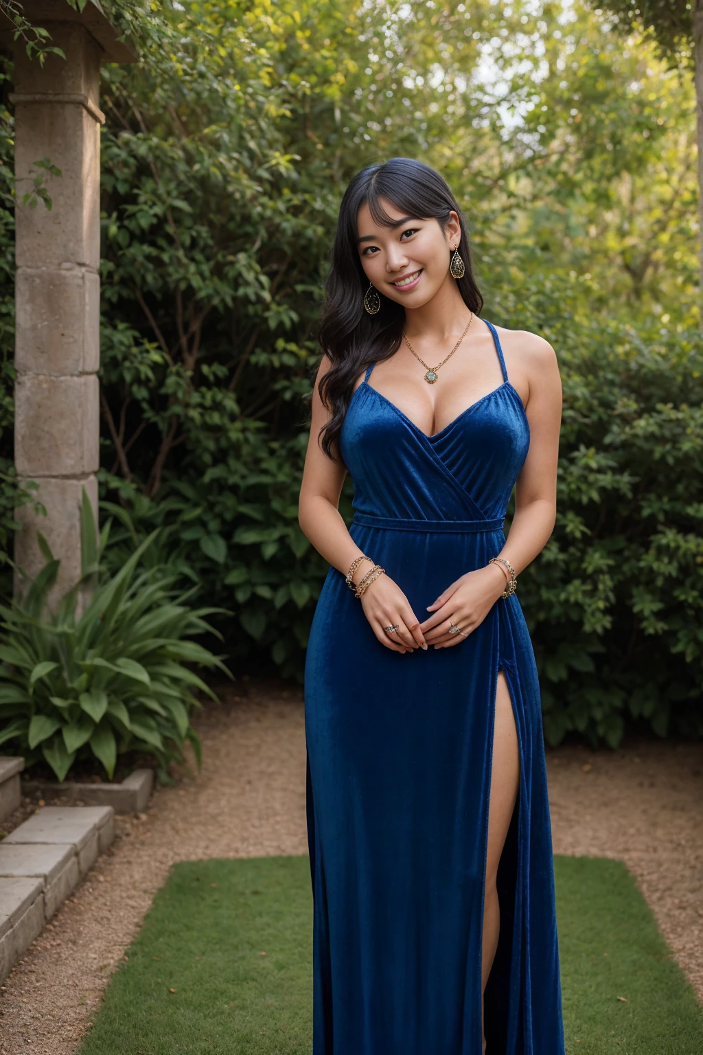 Half-length glamour portrait, nikon D850, f1.6 lens, 200mm, DSLR, 22 Megapixels, (((Luxurious garden scene))), shot of a stunning 19 years old korean girl, (smile:1.4), (wearing Lapis blue Velvet slit maxi dress with sweetheart neckline:1.6), ((seductive pose)), hot girl, (((big natural breasts))), (((black fringe hair))), ( girl), symmetrical face, photorealistic, photography, (bright natural lighting), gorgeous, deep cleavage, (masterpiece), best quality, high resolution, extremely detailed, cinematic lighting, (((very narrow waist))), rich colors, hyper realistic, lifelike texture, ((jewelry)), (((She has beautiful hands and wears rings))), (bracelet), (necklace), (ankle chain), (nail polish) (earrings), Fuji Superia 200, 8k