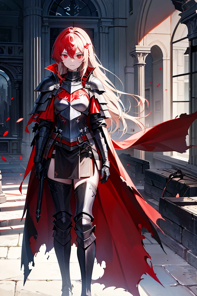 a knight in dark damaged armor with a torn red cape with a horned helmet
