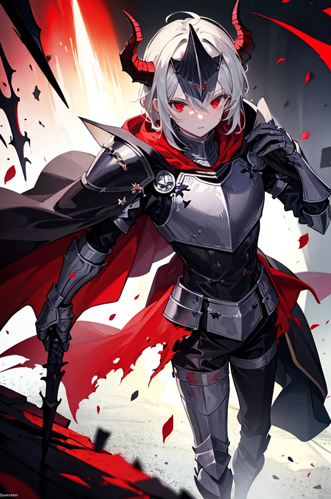 a knight in dark damaged armor with a torn red cape with a horned helmet
