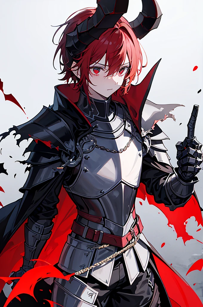 a knight in dark damaged armor with a torn red cape with a horned helmet