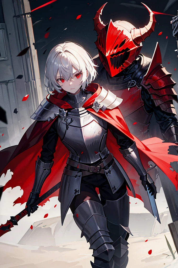 a knight in dark damaged armor with a torn red cape with a horned helmet