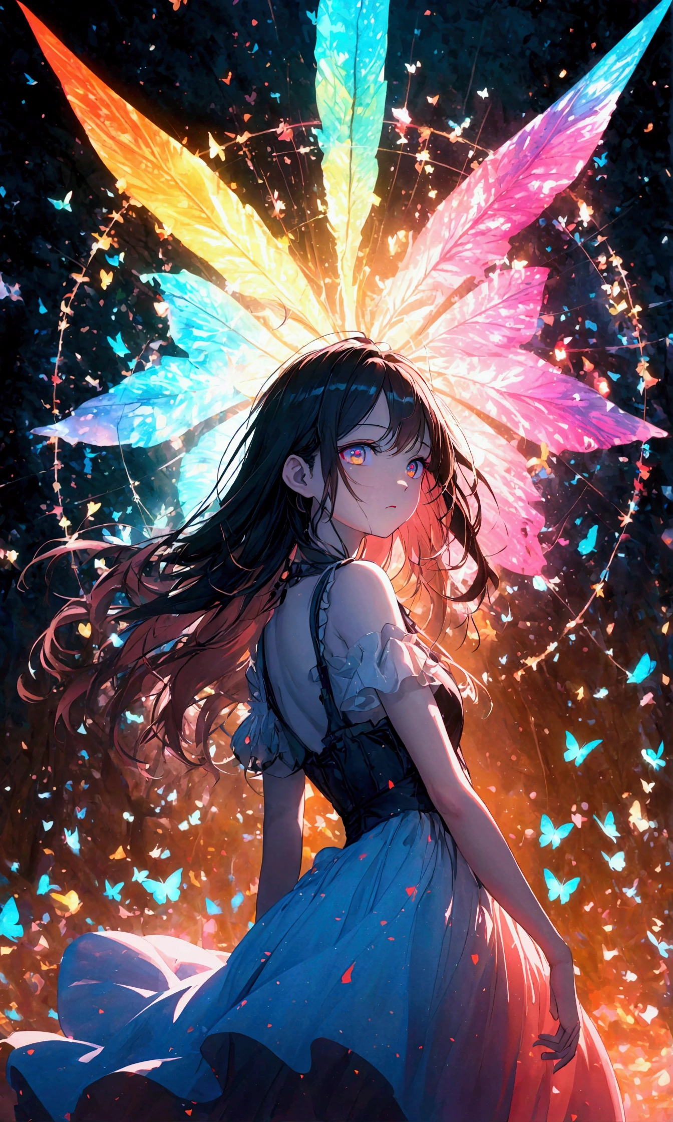 (woman\(, 15 yearong Hair, Colorful eyes, Pale skin，) Looking up at the sky), (Many butterflies flying in the sky), Beautiful sky, summer，Colorful flowers are blooming everywhere, Mysterious and dreamy ,Giant Tree，quality\(8K,CG wallpaper, masterpiece,High resolution,top-quality,Surrealism,Increased resolution,RAW Photos,Best quality,Very detailed,Light,Ray Tracing,Golden Ratio)