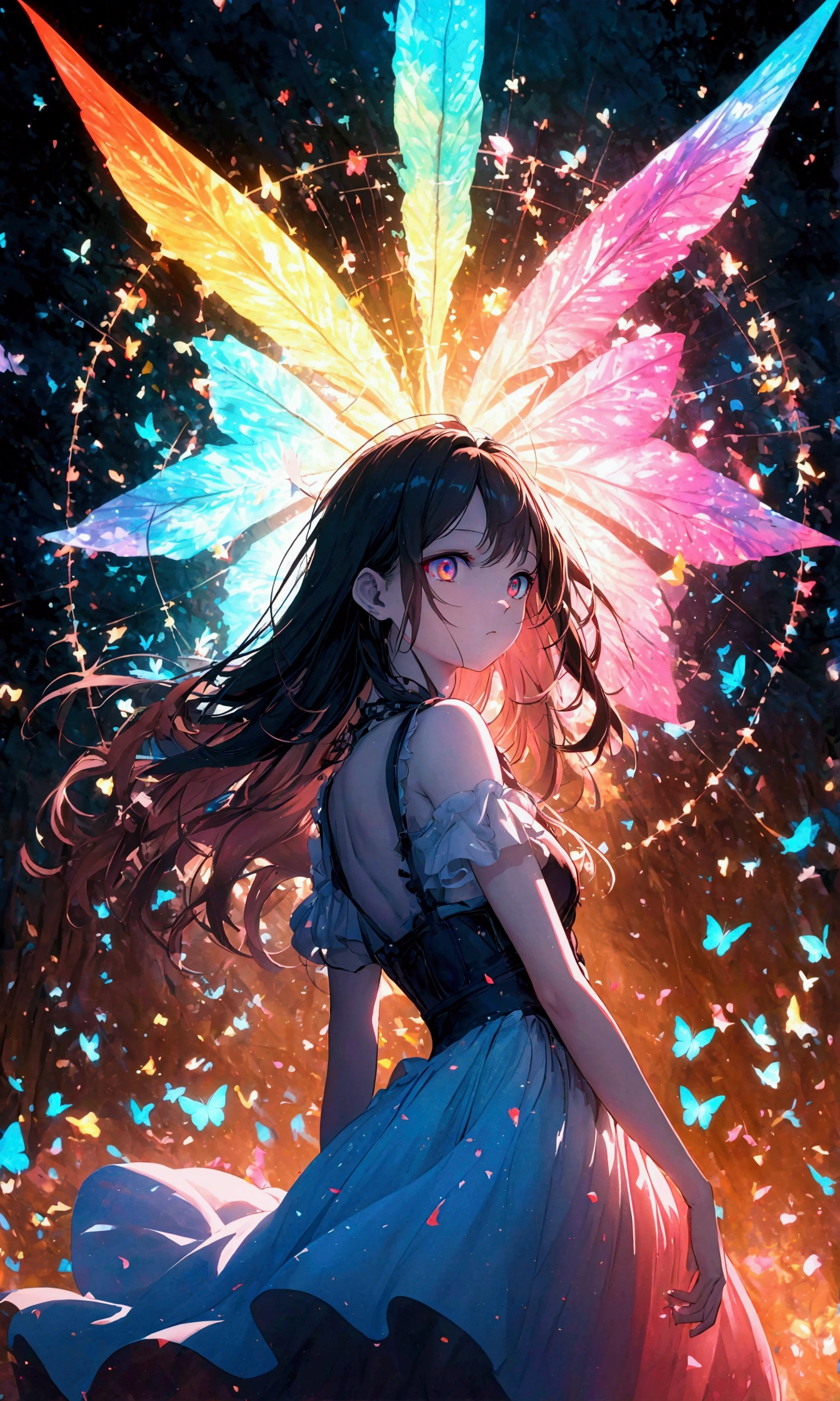 (woman\(, 15 yearong Hair, Colorful eyes, Pale skin，) Looking up at the sky), (Many butterflies flying in the sky), Beautiful sky, summer，Colorful flowers are blooming everywhere, Mysterious and dreamy ,Giant Tree，quality\(8K,CG wallpaper, masterpiece,High resolution,top-quality,Surrealism,Increased resolution,RAW Photos,Best quality,Very detailed,Light,Ray Tracing,Golden Ratio)