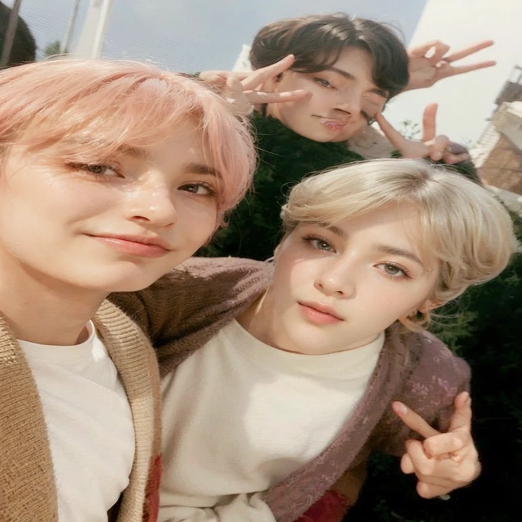 a beautiful young man with warm brown eyes, full pink lips, soft skin, handsome face, delicate facial features, intense gaze, styled hair, wearing a stylish outfit, standing in a serene meadow with flowers, warm sunlight, detailed landscape, vibrant colors, cinematic lighting, high quality, photorealistic, intricate details, masterpiece