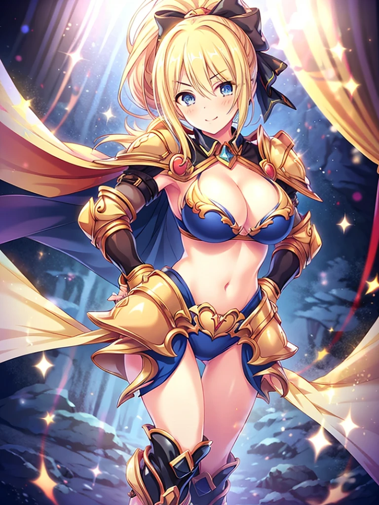 masterpiece, best quality, 1girl, breasts, solo, blonde-hair, blue-eyes, pelvic-curtain, navel, armor, large-breasts, ponytail, cape, cleavage, gloves, weapon, looking-at-viewer, smile, boots, fingerless-gloves, full-body, very-long-hair, standing, revealing-clothes, bikini-armor, black-gloves, fur-trim, simple-background, thighhighs, stomach, hand-on-hip, gauntlets, shoulder-armor, hair-bow, closed-mouth, bow, high-heels, midriff, armored-boots, hand-up, thigh-boots, thighs, ribbon, hair-between-eyes, v-shaped-eyebrows, blush, hair-ribbon, sheath