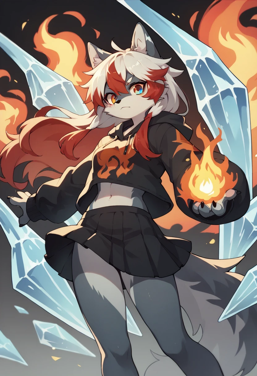 1girl furry,wolf , black and white hair, ice powers,Fire powsers, red hair dye tips in hair, long hair, skirt, hoodie, blue and red, ice and fire,one blue eye, one orange eye