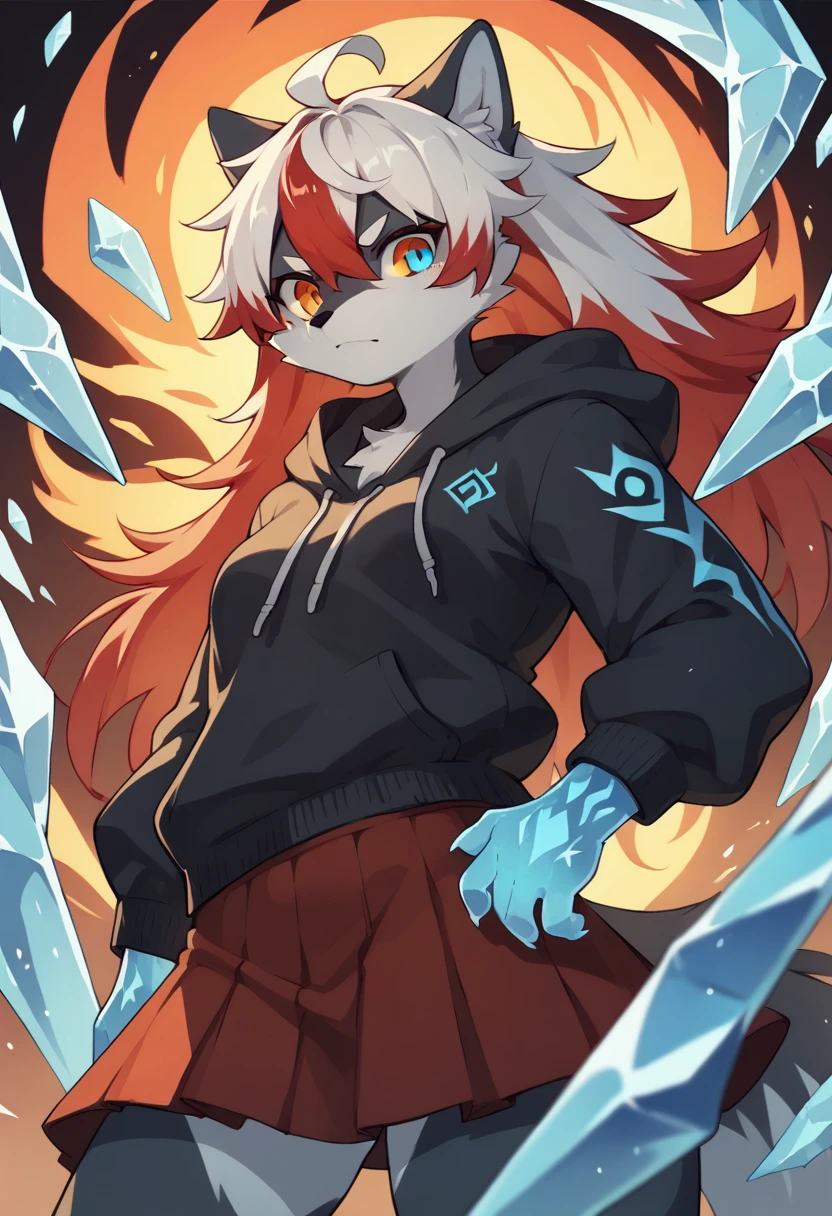 1girl furry,wolf , black and white hair, ice powers,Fire powsers, red hair dye tips in hair, long hair, skirt, hoodie, blue and red, ice and fire,one blue eye, one orange eye