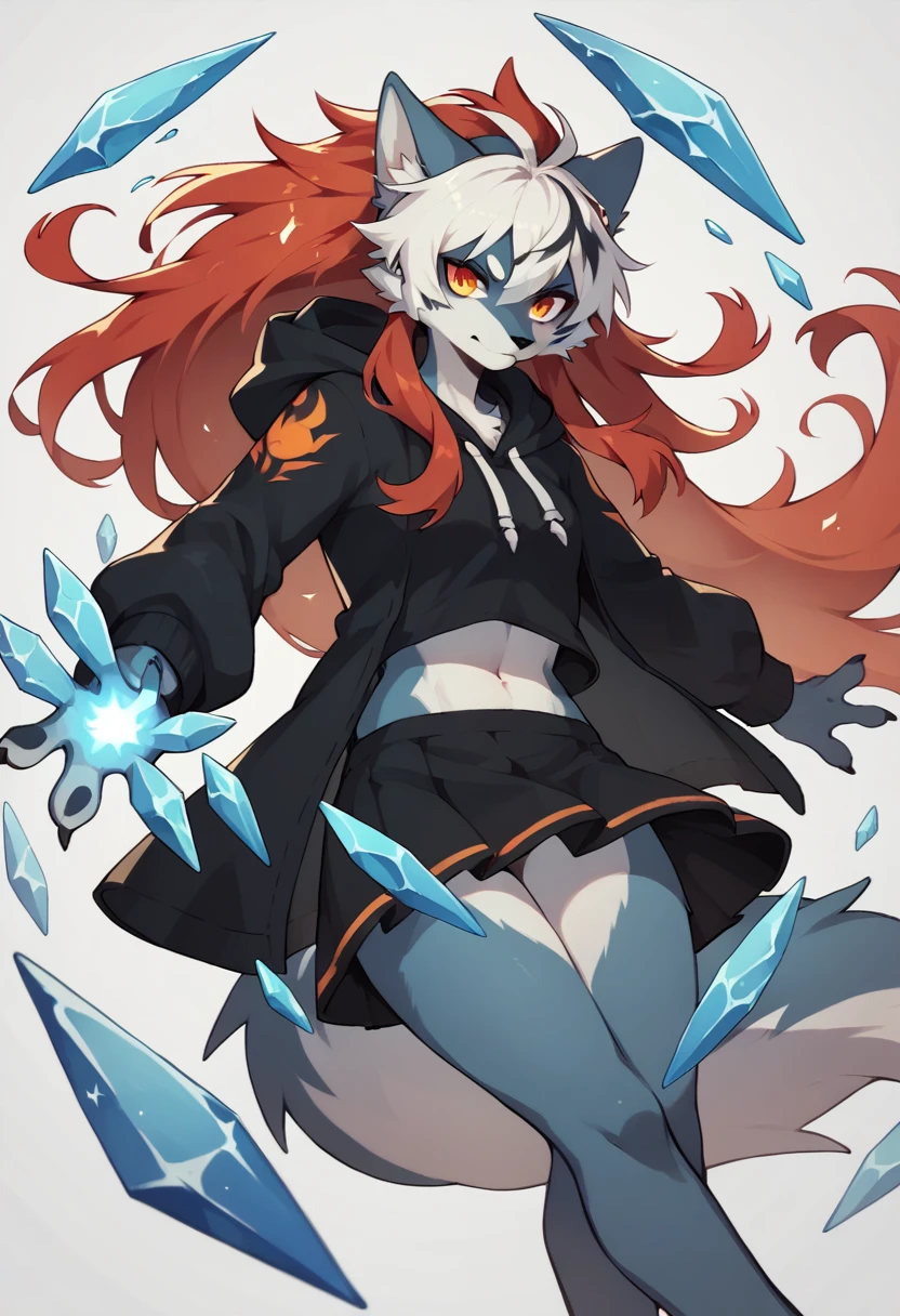 1girl furry,wolf , black and white hair, ice powers,Fire powsers, red hair dye tips in hair, long hair, skirt, hoodie, blue and red, ice and fire,one blue eye, one orange eye