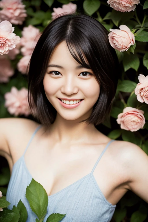 (a beautiful girl in a  posing in a flower bed, short-haired, with a charming smile, realistic skin textures, hyper-realism, photorealistic, beautiful detailed eyes, high contrast, ultra HD, top image quality, fine details, very meticulously)