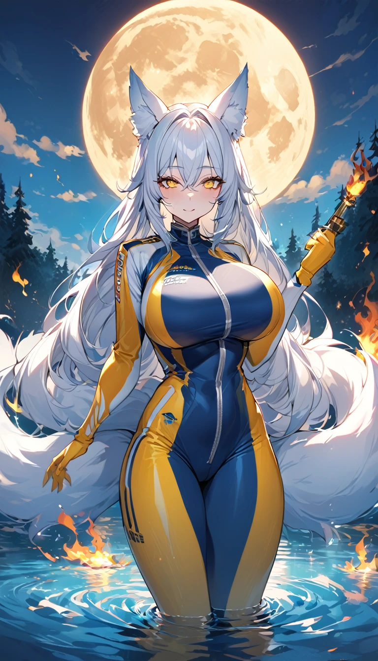  Beautiful white Kitsune, yellow eyes, highly detailed face, highly detailed eyes, big breasts, sexy figure, mature woman, several white kitsune tails, soft long white Kitsune ears, You rule a lake, a huge blue moon in the sky reflecting in the water, The forest would be burning flames blue, full of charred, the eyes would glow yellow,Very detailed face and eyes, Wearing blue and yellow Race Suit, 