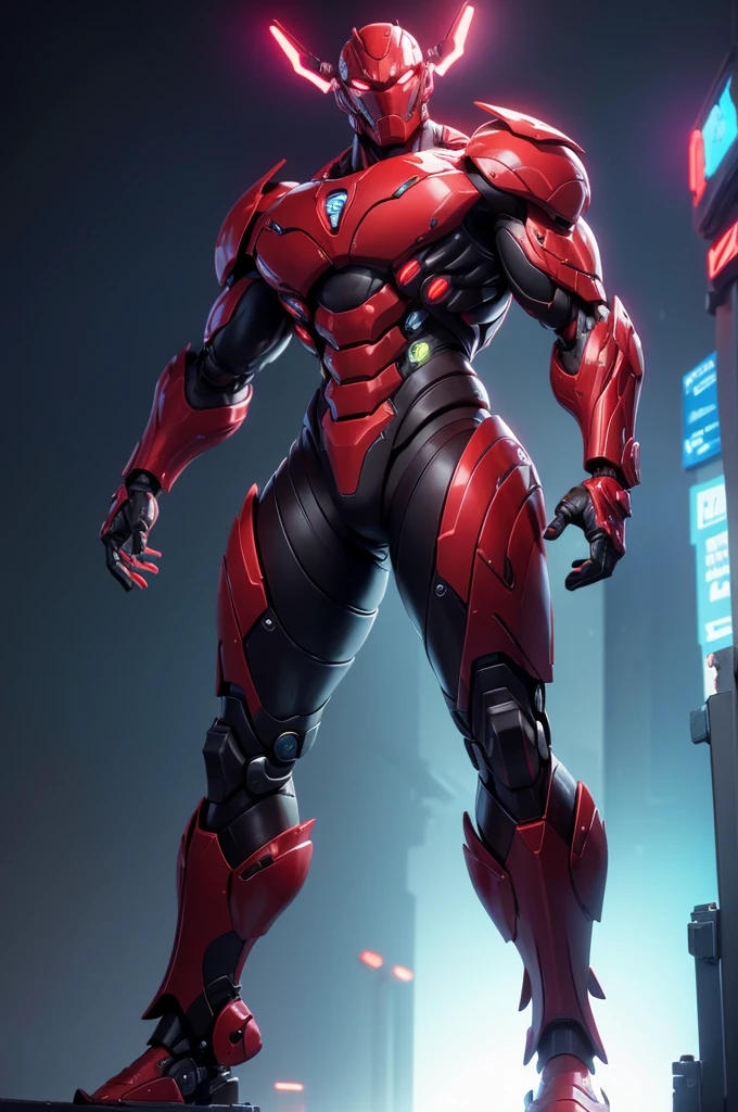 (masterpiece), best quality, detailed, imposing figure, humanoid creature, cybernetic enhancements, muscular, full body, organic tissue visible, metallic armor integrated with flesh, red cybernetic eyes, advanced sensors, mechanical arms and legs with organic components, integrated weapons, urban battlefield, aggressive stance, cyberpunk, futuristic, neon lights, post-apocalyptic cityscape, glowing veins, bio-mechanical fusion, scars and implants, partially exposed muscles