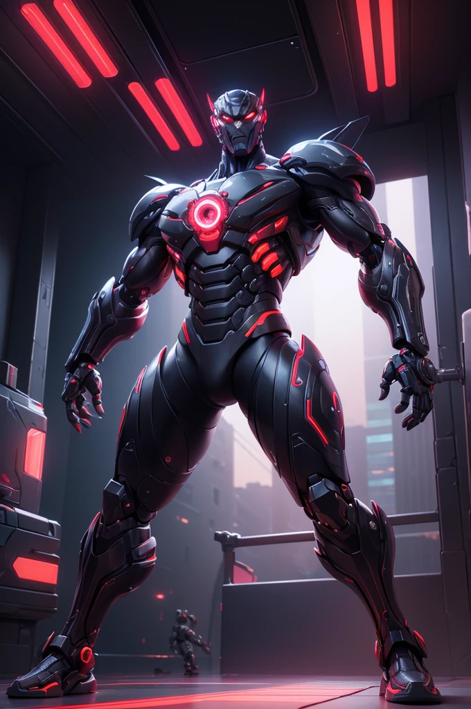 (masterpiece), best quality, detailed, imposing figure, humanoid creature, cybernetic enhancements, muscular, full body, organic tissue visible, metallic armor integrated with flesh, red cybernetic eyes, advanced sensors, mechanical arms and legs with organic components, integrated weapons, urban battlefield, aggressive stance, cyberpunk, futuristic, neon lights, post-apocalyptic cityscape, glowing veins, bio-mechanical fusion, scars and implants, partially exposed muscles
