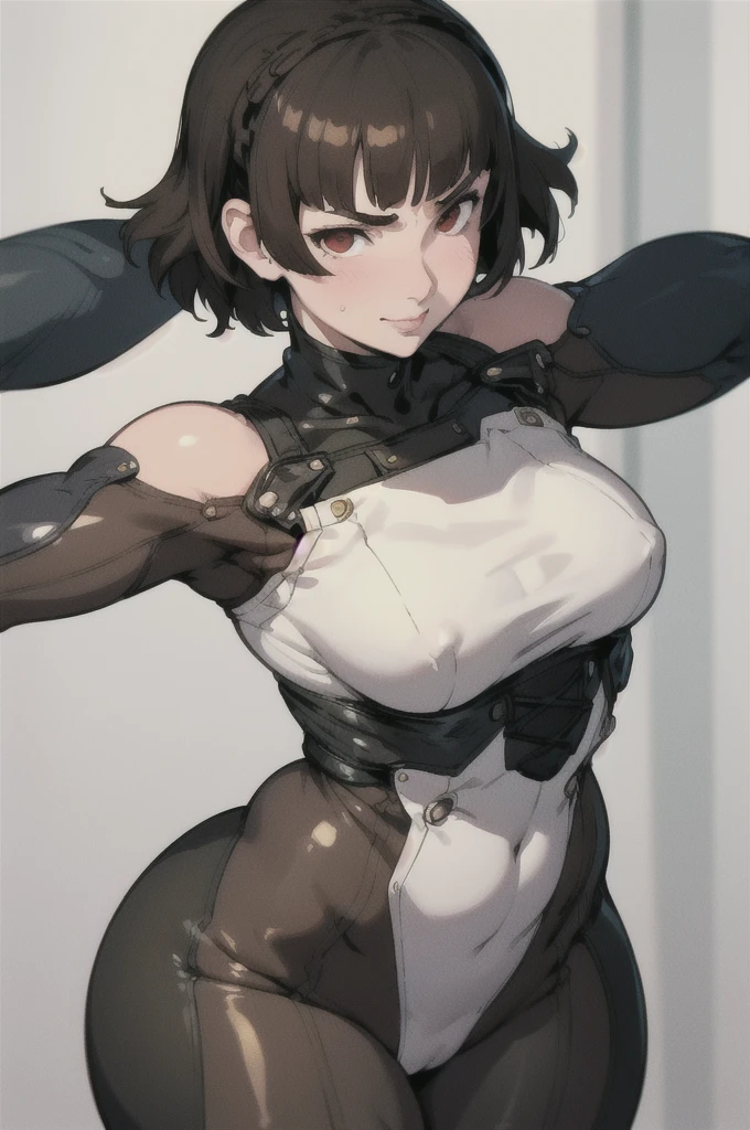 Fat face line, Makoto Niijima (Persona) Niijima Makoto (Persona), dark full bodysuit, laces, shoulder spikes
masterpiece, best quality, absurdres, ((Cylindrical body type)), Non-exposing bodysuit
(( face)), ((big ass)),koto niijima has become a mature wo(chubby upper body but small breasts)), 1gir, ((height 150cm)), thick thighs, Bow legs, Beautiful face but chubby face, (((Chubby makoto niijima))), ((Stand up straight)), ((Full body)), (low head 1.5), A little chubby body type and small breasts, masterpiece, breasts)), (thick legs), Full Solo, Swollen face, 1 woman, thick thighs, solo, masterpiece, best quality, A chubby figure that seems real, smile, Middle-aged obesity