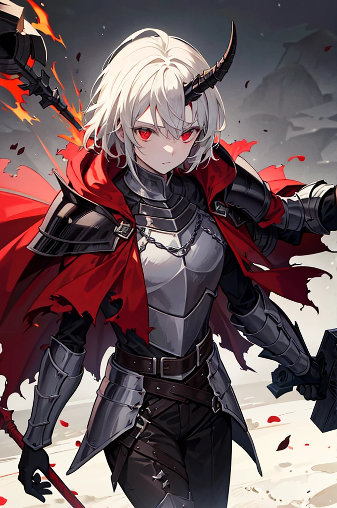 a knight in dark damaged armor with a torn red cape with a horned helmet