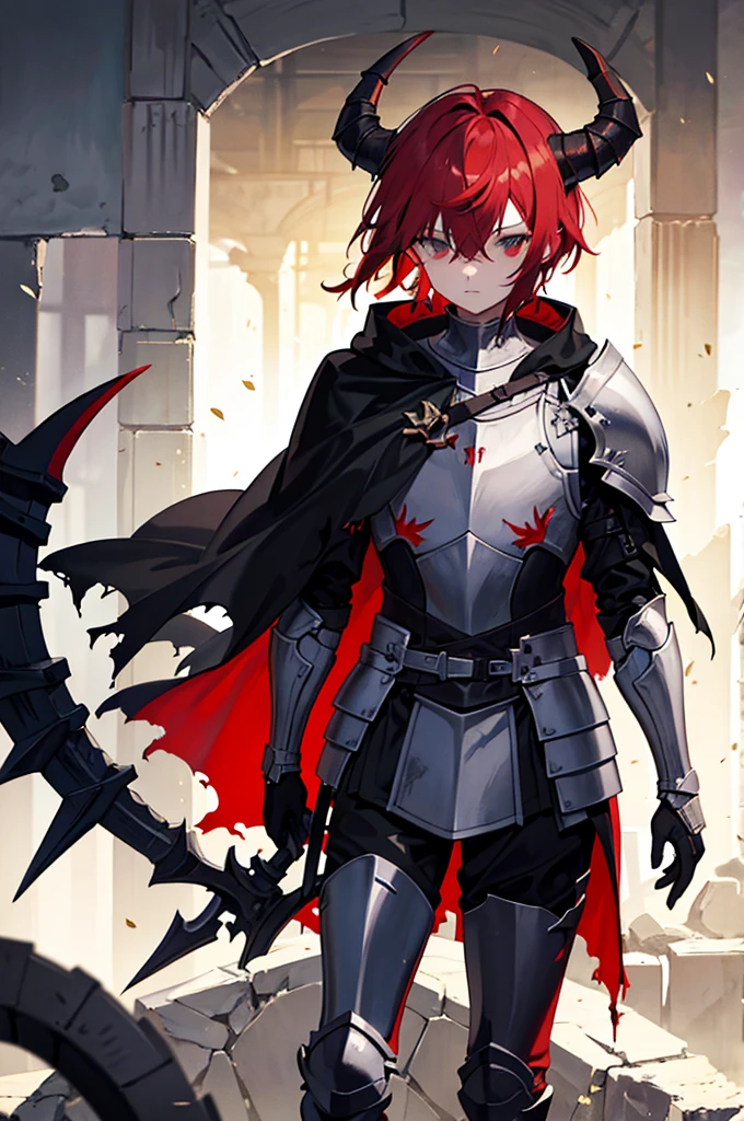 a knight in dark damaged armor with a torn red cape with a horned helmet