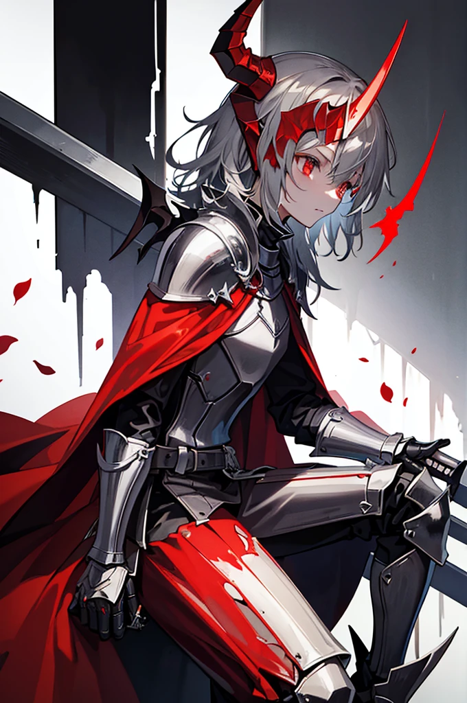 a knight in dark damaged armor with a torn red cape with a horned helmet