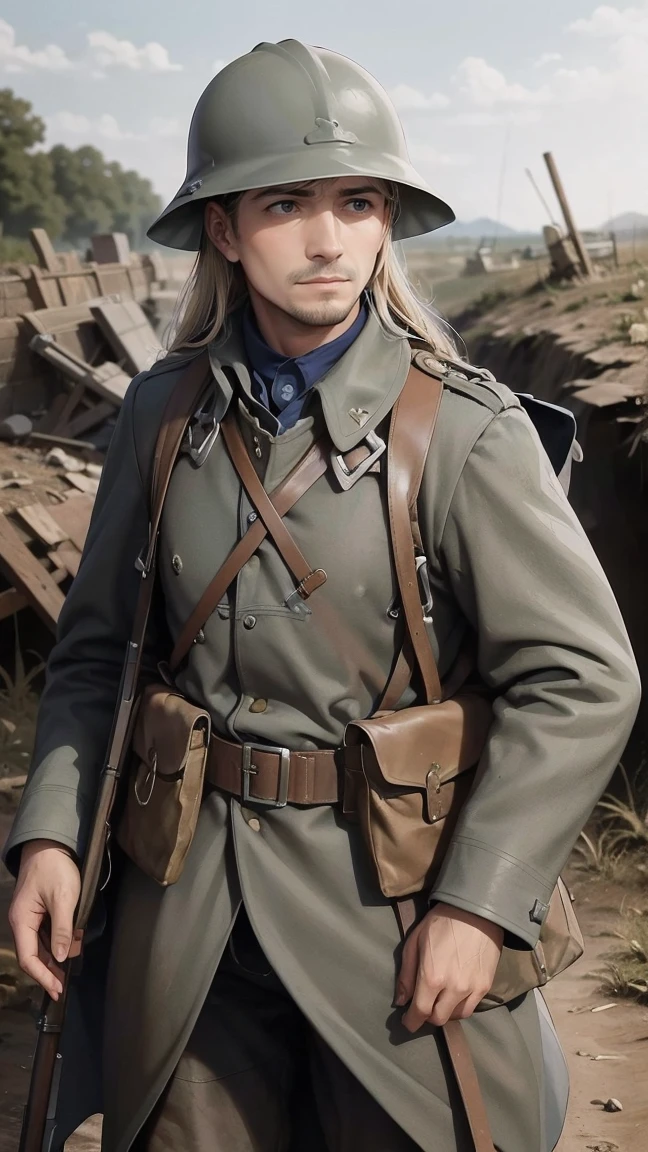 (masterpiece), best quality, expressive eyes, perfect face, All quiet on western Front, man, trenches, dirty, uniform, realistic, HD, Rifle, Orlando Bloom, big bag, French army, regiment, France, aiming position, pov, Far view, shot, shooting, fighting, Johto