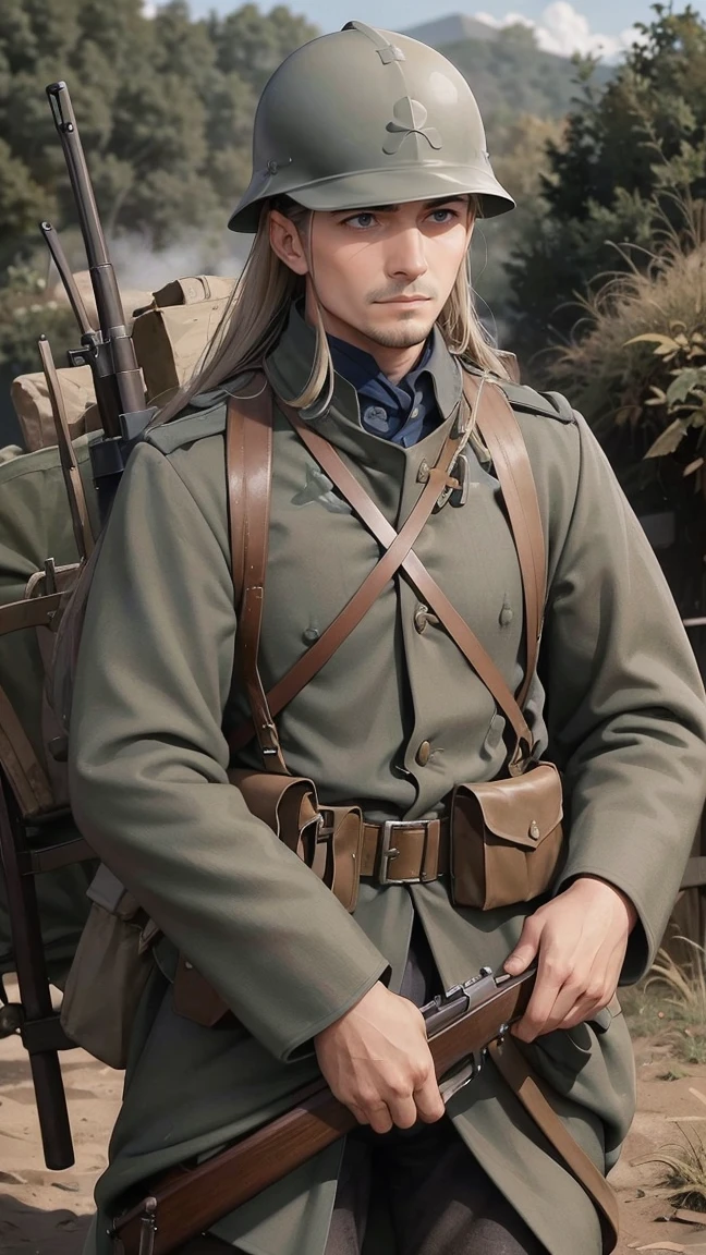 (masterpiece), best quality, expressive eyes, perfect face, All quiet on western Front, man, trenches, dirty, uniform, realistic, HD, Rifle, Orlando Bloom, big bag, French army, regiment, France, aiming position, pov, Far view, shot, shooting, fighting, Johto