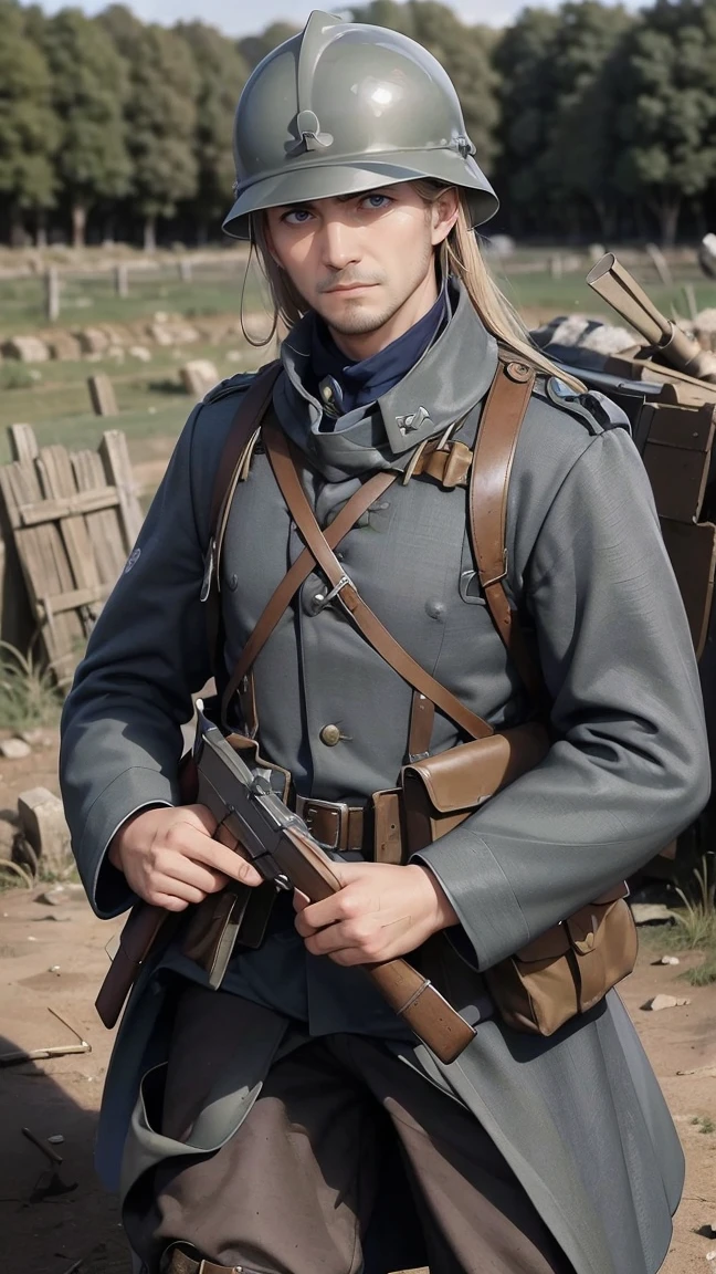 (masterpiece), best quality, expressive eyes, perfect face, All quiet on western Front, man, trenches, dirty, uniform, realistic, HD, Rifle, Orlando Bloom, big bag, French army, regiment, France, aiming position, pov, Far view, shot, shooting, fighting, Johto