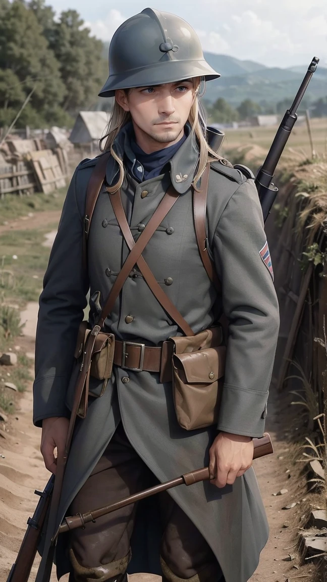 (masterpiece), best quality, expressive eyes, perfect face, All quiet on western Front, man, trenches, dirty, uniform, realistic, HD, Rifle, Orlando Bloom, big bag, French army, regiment, France, aiming position, pov, Far view, shot, shooting, fighting, Johto