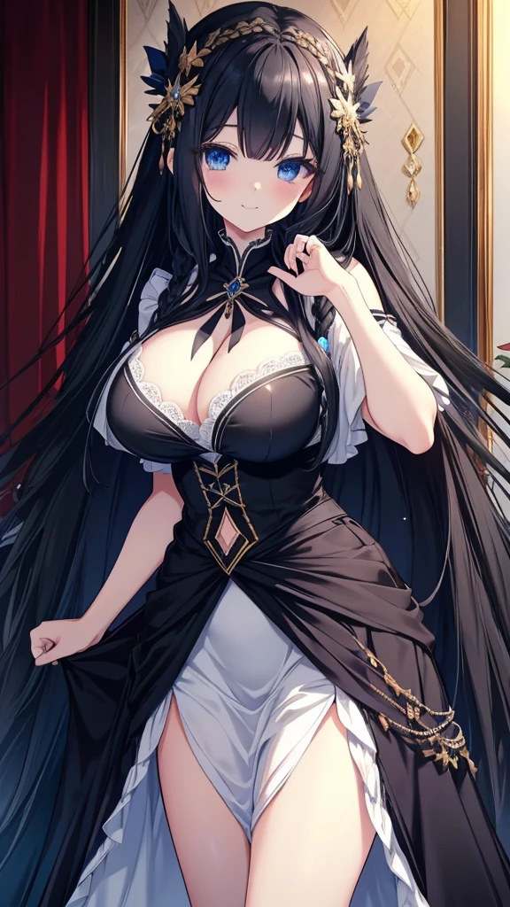 best quality, extremely detailed,anime style girl,long hair down to the waist, straight hair, ((dark black hair with bluish)),braid,beautiful detailed eyes, pinched eyes, (dark blue eyes),huge breasts,curvy,cosplay,hair ornament,Luxurious room,smile,