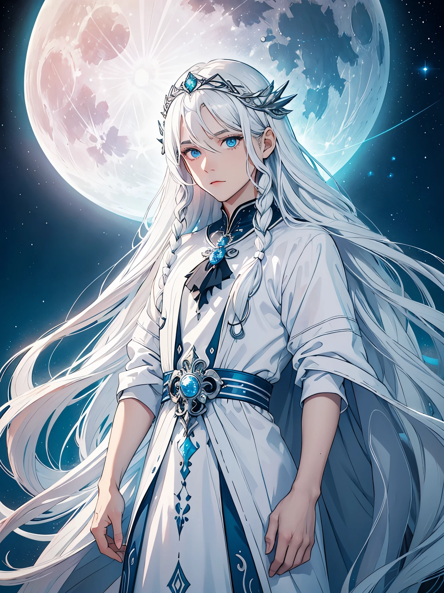 Sehr viele lange haare. Long hair. long white hair. aquatic, boy, Goddess of the Moon, silver hair accessories, White hair, White dress, cape, at night, saturated colors, light eyes, bright, light blue light, blue eyes, Jewelry silver, bluish light, Full moon in the background, aquatic in der Luft rosa kerzen