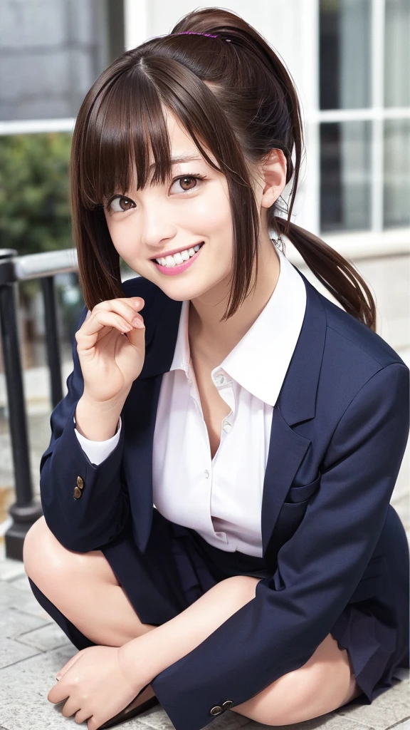 (Highest quality、8K、32k、masterpiece)、(Realistic)、(Realistic:1.2)、(High resolution)、Very detailed、Very beautiful face and eyes、20Adult female years old、Round and small face、Tight waist、Delicate body、(Highest quality、Attention to detail、Rich skin detail)、(Realistic、Realistic:1.37)、Bright colors、(((Brown Hair)))、(((Full Body Shot)))、(((Long Hair)))、(((Side Ponytail)))、(((Daytime city background)))、(((smile)))、(((Teeth are visible)))、(((Wear a women's suit)))、、Kanna Hashimoto、 Office Lady、 OL、Tight skirt